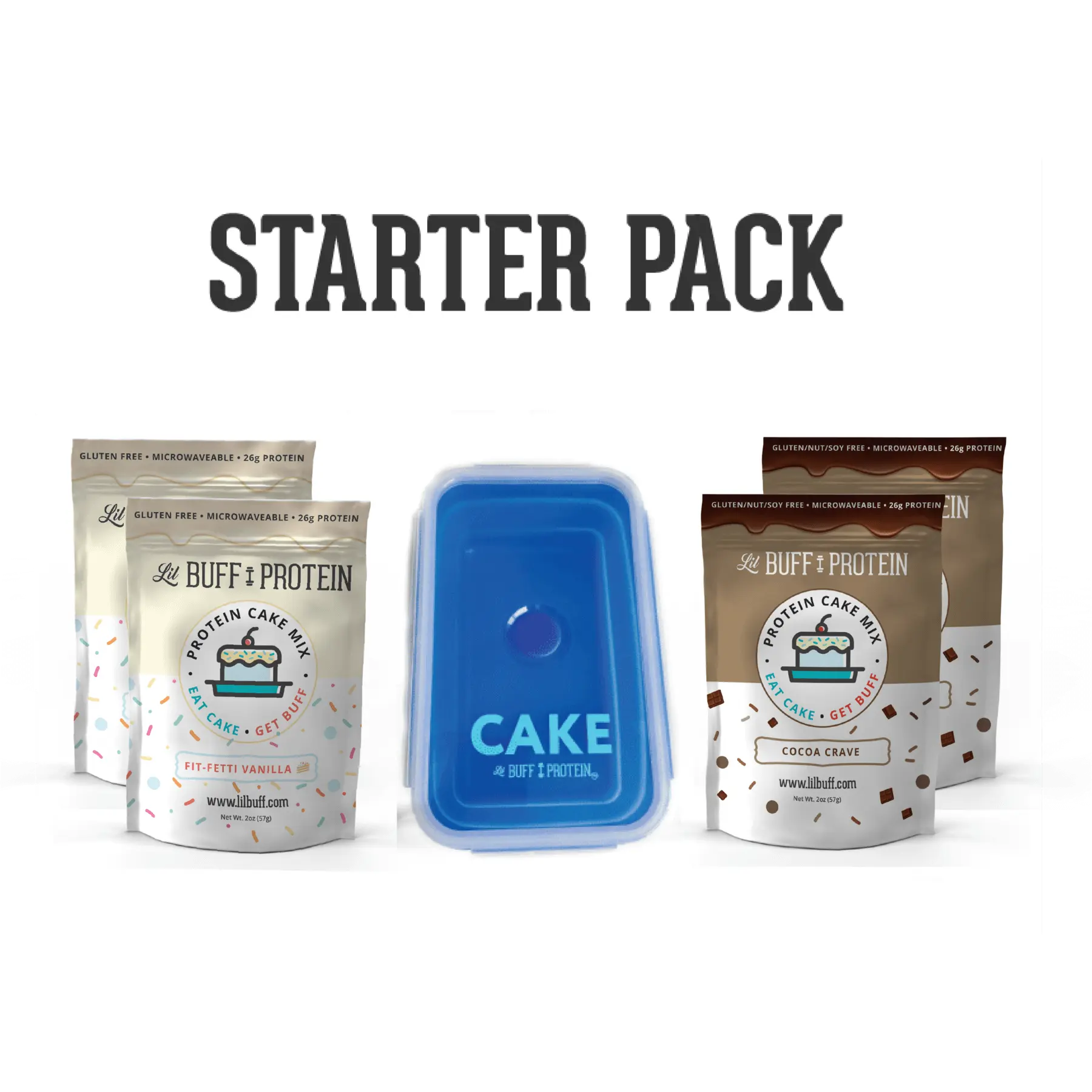 STARTER PACK Baking Cake with 2 Fit-Fetti & 2 Cocoa Crave Protein Cake Mixes, 1 Microwaveable Silicone Pan, 1 Recipe Card, 26g Protein, Gluten Free