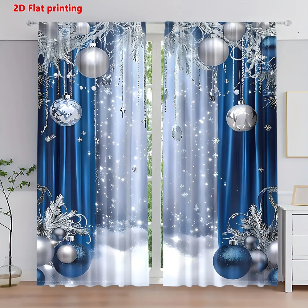 2D plane, 2 pieces, winter Christmas blue silver snowflake luxury design, pole installation, translucent polyester material, suitable for living room, kitchen, bedroom, study, hotel, restaurant home decoration, suitable for Christmas decoration.