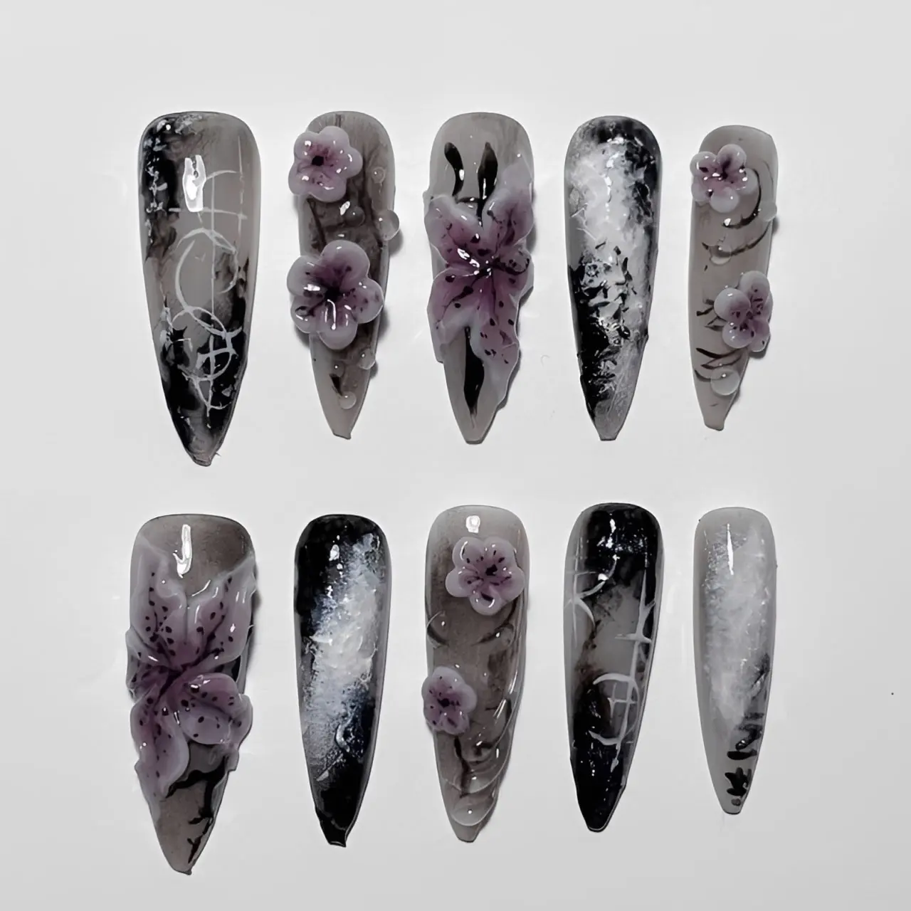 Handmade 3D Purple Floral Ink Wash Press On Nails | Black Smoke Water Drop Dark Grunge Art