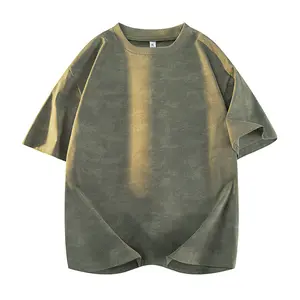 Japanese workwear-style military green distressed short-sleeve T-shirt for men and women; summer loose drop-shoulder design, breathable, skin-friendly, comfortable crew neck top; retro tie-dye pattern, versatile five-eighths sleeves, suitable for everyday