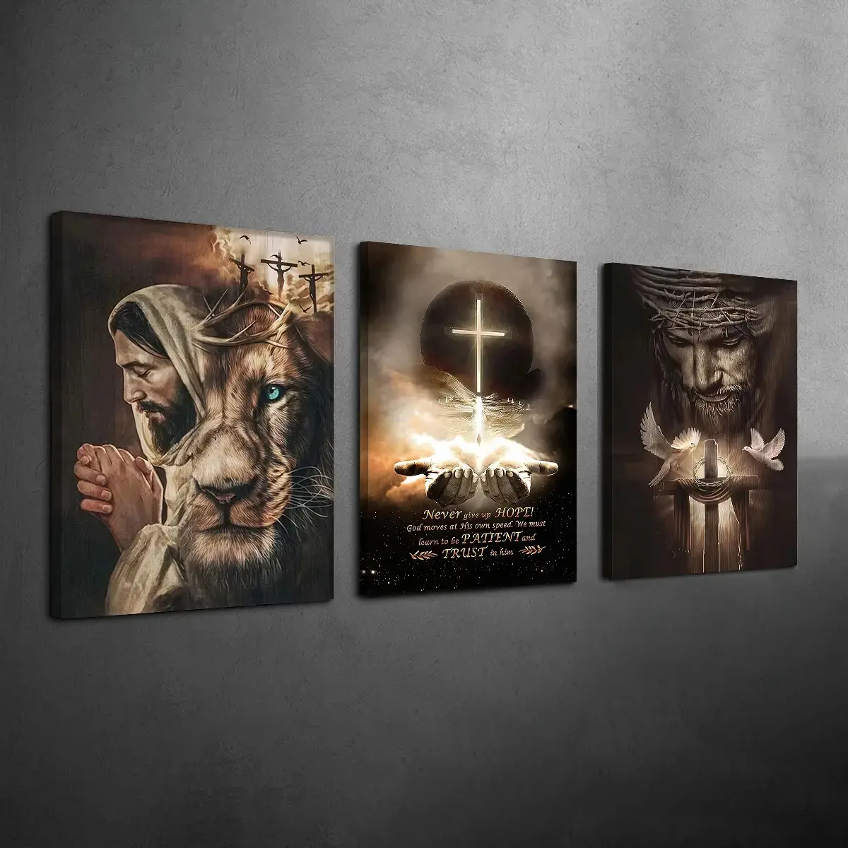 Artistic 3-Piece Framed Religious Wall Art Prints, 12×16 in Jesus Christ & Lion of Judah with Faith Quote, Assorted Prints with Blessed Cross, Bible Verse & Christian Verse Graphics, Easter Home Decor for Living Room, Assorted Art Prints