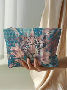 Cheetah Print Velvet Makeup Bag, Cartoon Style, Cute Lightweight Multi-Functional Fashion Casual Cosmetic Pouch, Travel Organizer, Cosmetic Storage Bag, Travel Cosmetic Bags