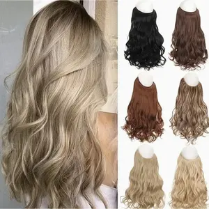 22 inch Halo Hair Extensions Invisible Wire Wavy Curly Long Synthetic Hairpieces For Women Adjustable Headband Heat Friendly Fiber No Clip