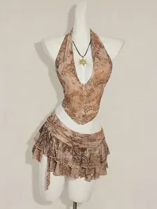 Low-Waist Paisley Print Halter Top And Skirt Set Sea Shell Outfit Brown Two Piece Set Women Short Skirt Set Skirt Swimsuit Set Havana Nights Outfit