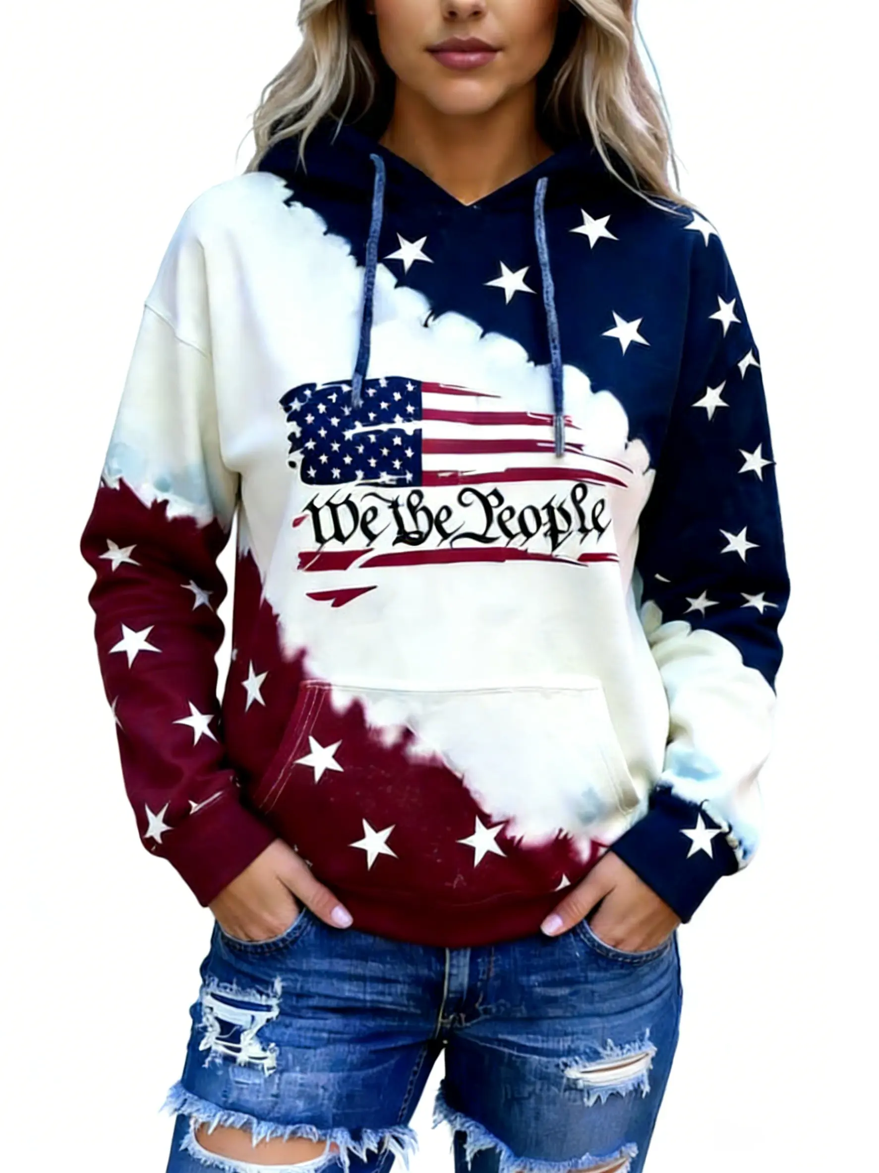 Women's "We The People" American Flag Print Hoodie, Tie Dye Stars & Stripes Patriotic Sweatshirt