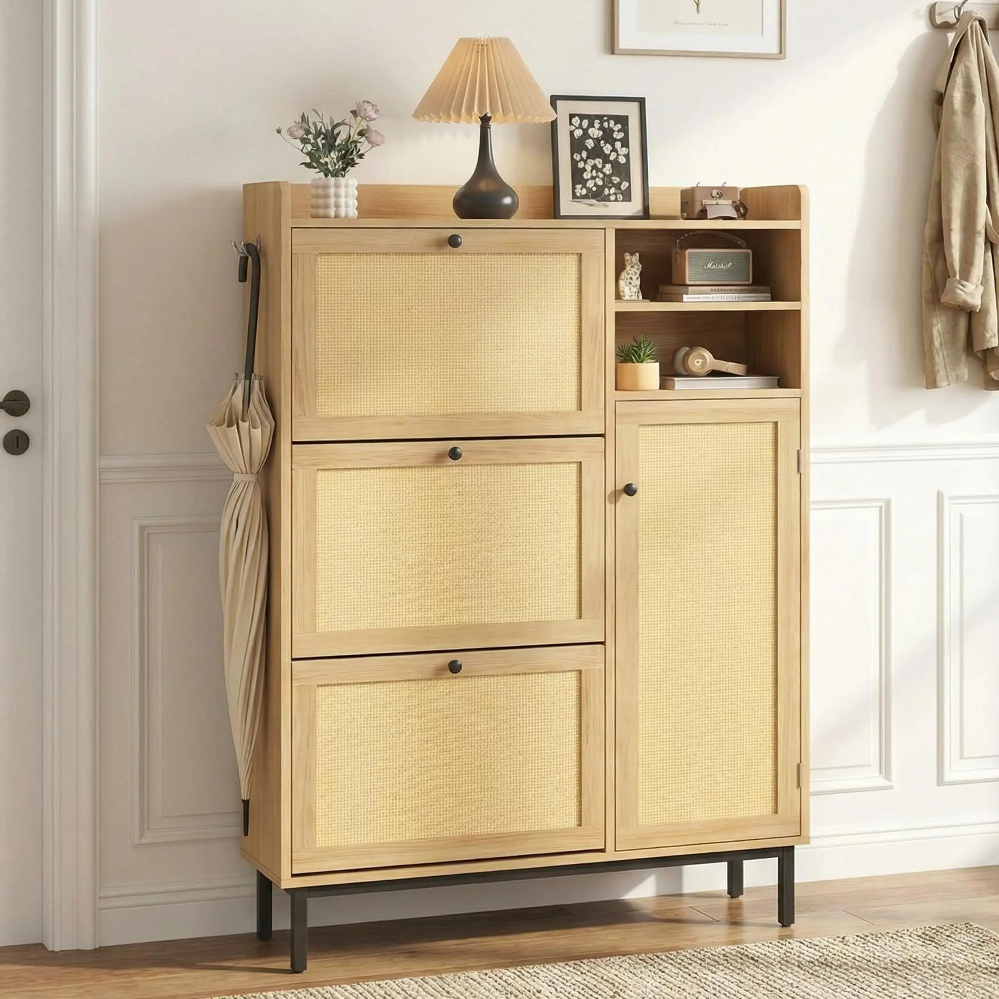 Garvee Slim Narrow Shoe Cabinet for Entryway with 3 Flip Drawers and Metal Legs, Freestanding Storage Organizer Ideal for Hallway, Entryway, and Foyer, Available in Dark Cherry Finish