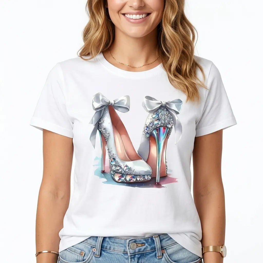 Crystal High-Heels Tee Premium Cotton Black White S-5XL Chic-style Ladies Glamorous-vibe Party-ready Sophisticated-look Fashion-gift
