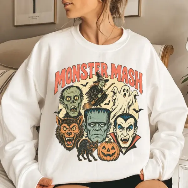 Monster Mash Halloween Sweatshirt Retro Halloween Spooky Season Tee Sweater, Halloween Icons Characters Shirt