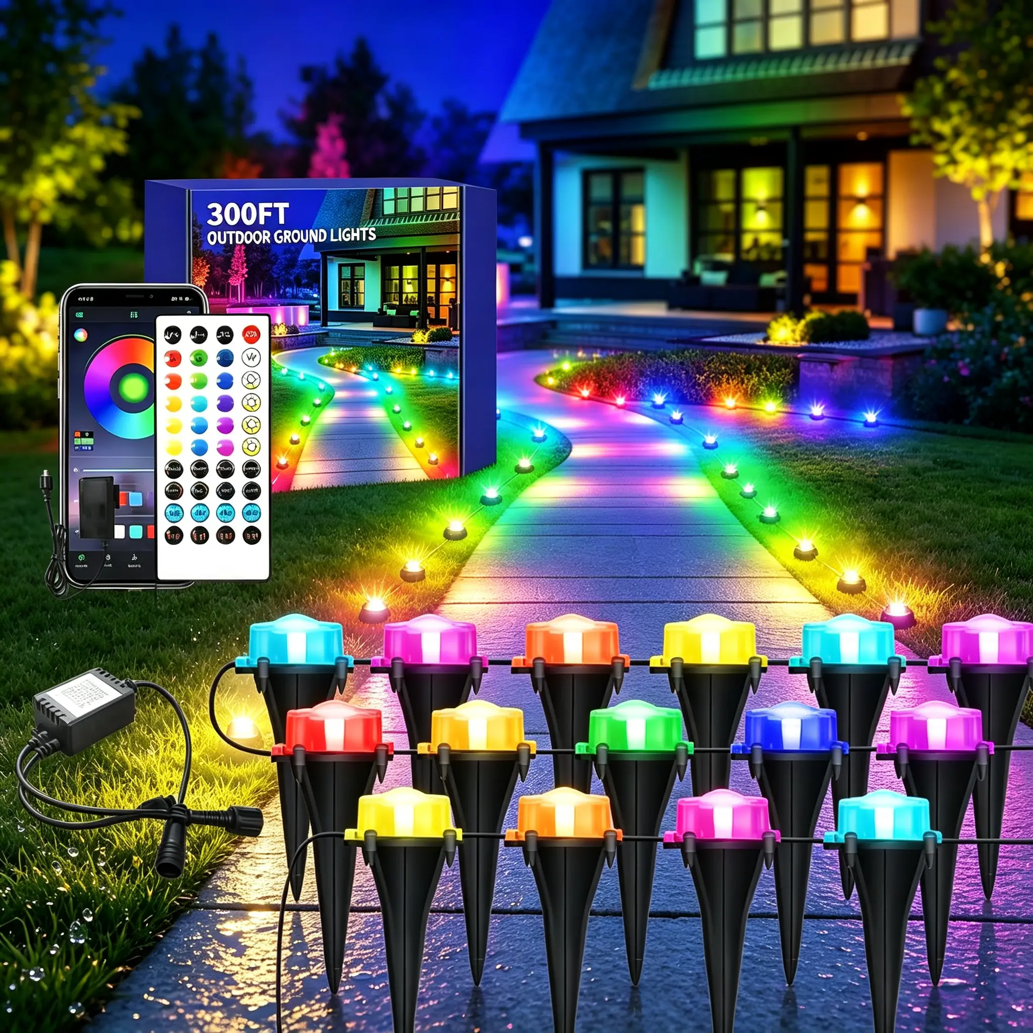 300ft-Long RGB LED Ground Lights, App-Controlled Multicolor Permanent Waterproof Outdoor Lamps with Soil Fixation for Garden Landscape, Home Improvement Decorations