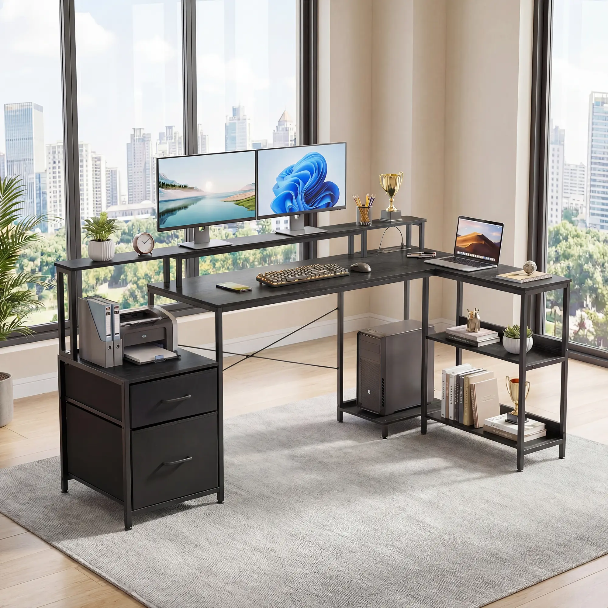 Sweetcrispy 75in L-Shape Modern Sturdy Computer Desk - Reversible Home Office Desk with Power Outlet, LED Strip, Storage Shelves, Drawers, Study Table, Home Office Desks