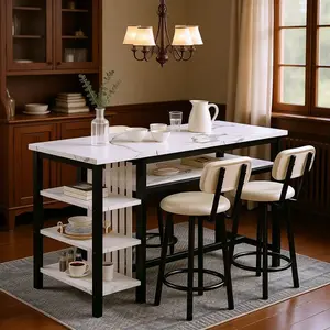 3 Pieces Dining Room Table Set With 2 Upholstered Bar Stools, Modern Farmhouse Style Kitchen Table Set With Multiple Tier Storage Shelves, MDF Table Top And Metal Frame, Counter Height Breakfast Nook Table Set For Small Spaces Family