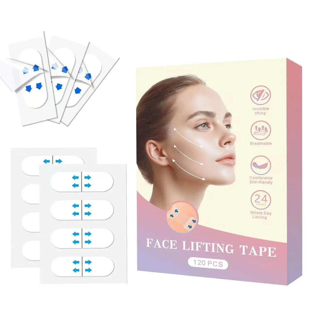 120PCS Invisible Instant Face Lift Tape, 24H Breathable Waterproof Facial Lifting Patches for V-Shape Jawline, Double Chin & Sagging Skin, Non-Surgical Makeup Face Slim Stickers