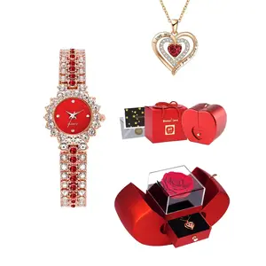 Women's Elegant Rhinestone Decor Watch & Heart Design Pendant Necklace, Exquisite Trendy Wristwatch & Necklace, Fashionable Watch Set As Gift for Women