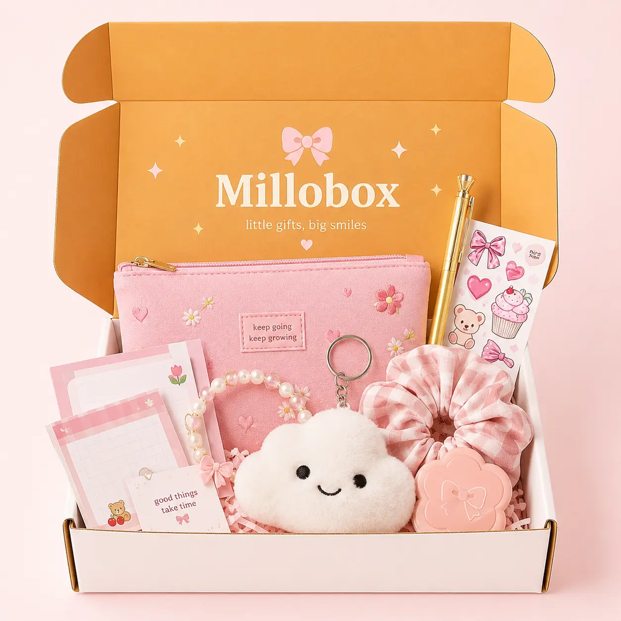 Millobox Surprise Gift Box, Cute Accessories & Stationery Set with Pouch, Scrunchie, Pen, Stickers, Memo Notes & Keychain, Assorted Gift Bundle for Women, Teens, Birthday & Everyday Gifting