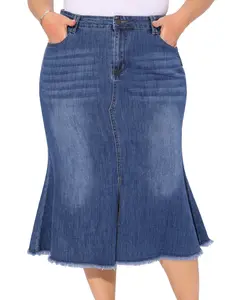 Agnes Orinda Women's Plus Size Denim Skirts Vintage High Waist A Line Fishtail Midi Jean Skirt with Pockets