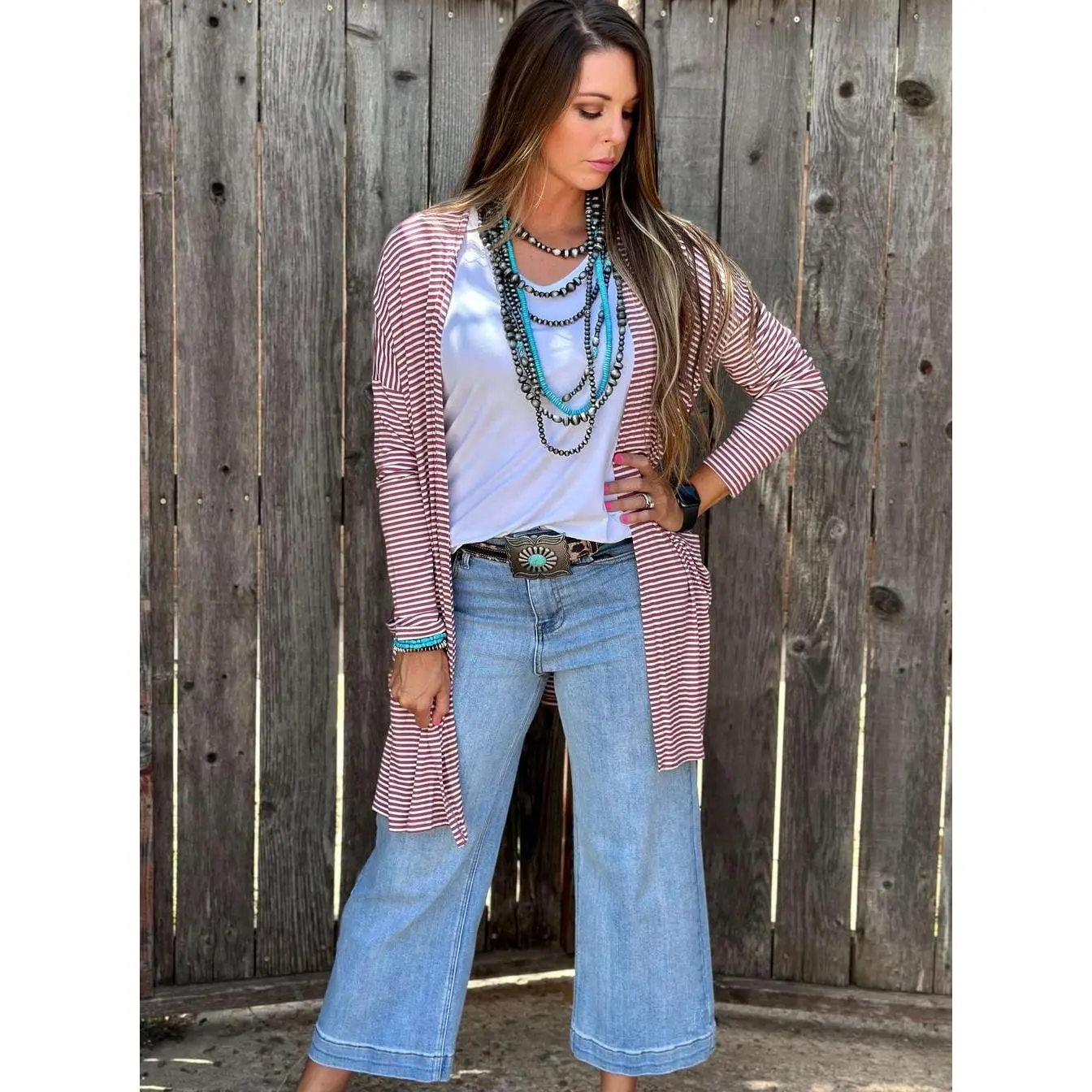 Texas True Threads Women's Striped Knit Cardigan - Mauve, XL, Soft Lightweight Mid-Length Layering Top, Feminine Hues, Chic All-Season Piece for Jeans & Tee, Stripes