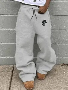 Men's Embroidered Street Style Wide Leg Joggers, Comfortable Loose-Fit Drawstring Waist Pants, Casual Sports Trousers, Casual Fashion for All Seasons