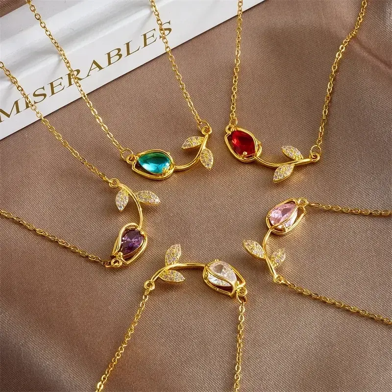 Sweet Colorful Zircon Tulip Pendant Necklaces for Women Girls Stainless Steel Chain Choker Trendy Jewelry Accessories Gifts