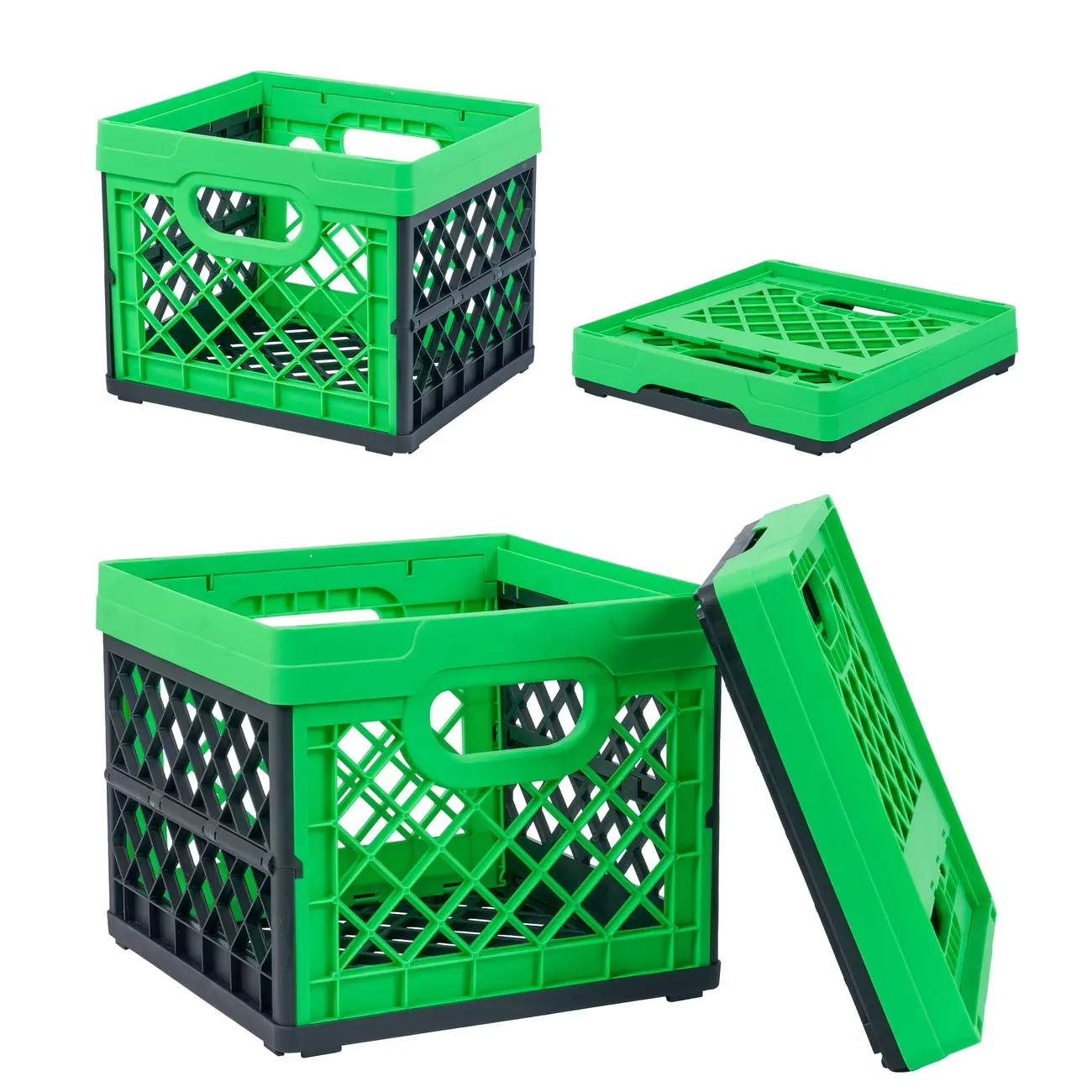 Collapsible Milk Crate, Green,25L (6 Gal) Stackable Storage Bins, Holds 50lbs Per Bin - It's Are Heavy Duty, Plastic Collapsible Storage Crate for Multi Purposes