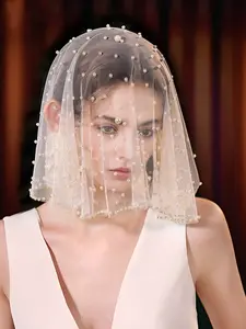 Bride Pearl Veil Cover Short Face Shawl, Simple Fashion Pearl Veil Ivory Color, Single Layer Women's Veil, Face Veils