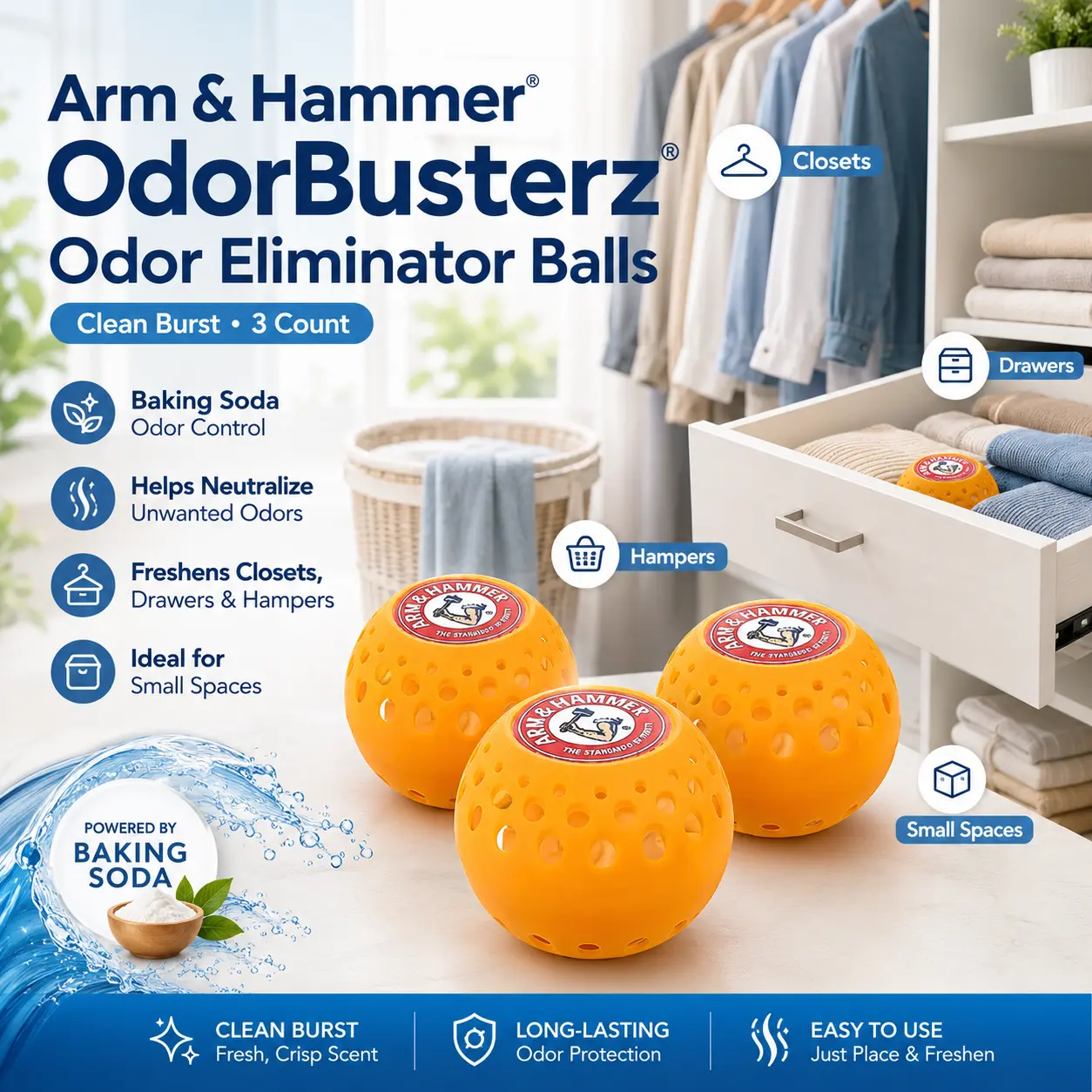 Arm & Hammer OdorBusterz Odor Eliminator Balls, Clean Burst, 3-10 Count – Baking Soda Odor Control for Closets, Drawers, Hampers & Small Spaces