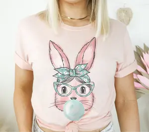 Vintage Easter Tshirt Bunny Tee Easter Bunny T-Shirt Bubblegum Bunny Tshirt Cute Easter Bubblegum Bunny Top Easter Holiday T-shirt Womens Easter Top Cotton Womenswear