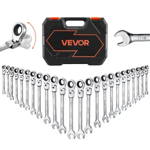 VEVOR Flex-Head Ratcheting Wrench Set, 24-Piece SAE and Metric, 72 Teeth, Cr-V Steel Ratchet Flexible Combination Wrench Set with Storage Case, for General Household and Automotive Repairs, Silver
