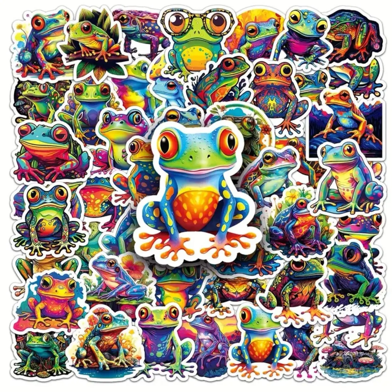 50 Pack of Cute Colorful Frog Stickers. No Duplicates and Waterproof.
