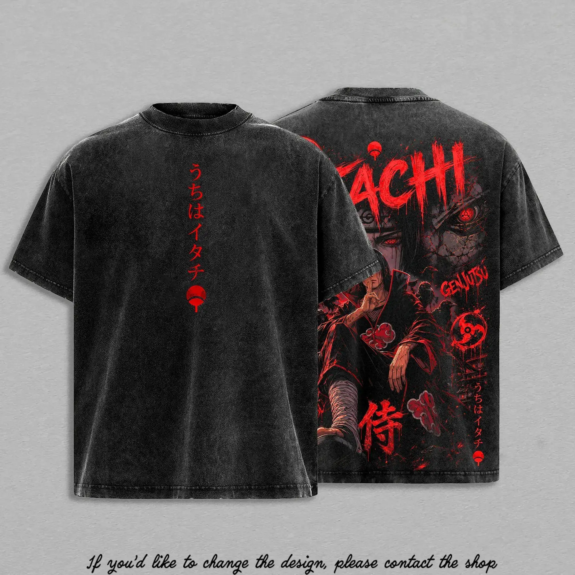 Menswear Unisex Uchiha Clan Red Eye Illusion Shinobi Vintage Washed Oversized Shortsleeve Graphic Tee - Dark Crow Warrior Heavy Cotton Anime-Inspired Streetwear Vibe Shirt
