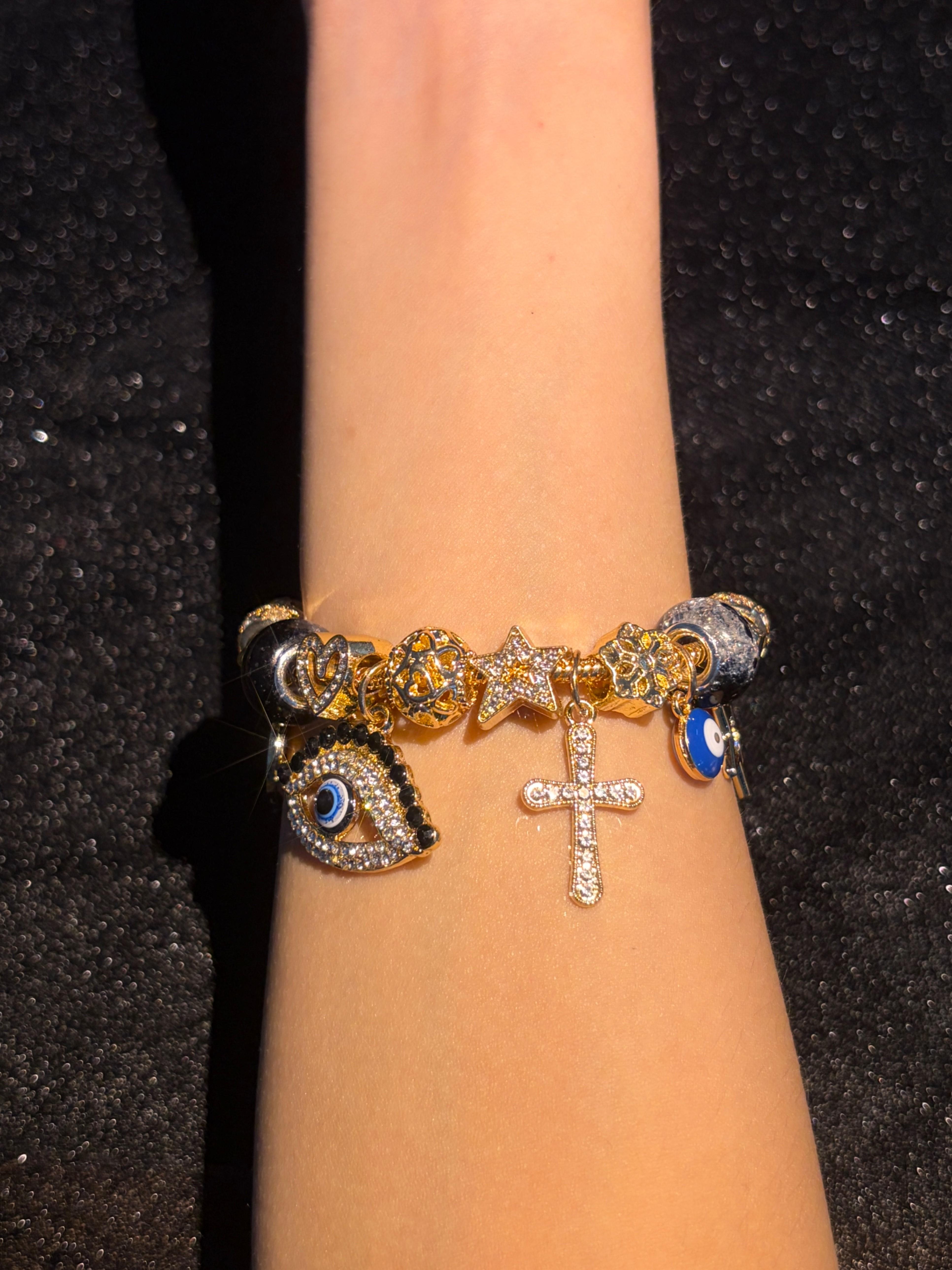 Women's Lucky Evil Eye Charm Bracelet - Gold-Tone Adjustable Extension Chain, Cubic Zirconia Cross Star Heart Charms, Stackable Layering Beaded, Boho Protection Jewelry, Ideal Birthday Holiday Gift for Teen Girls