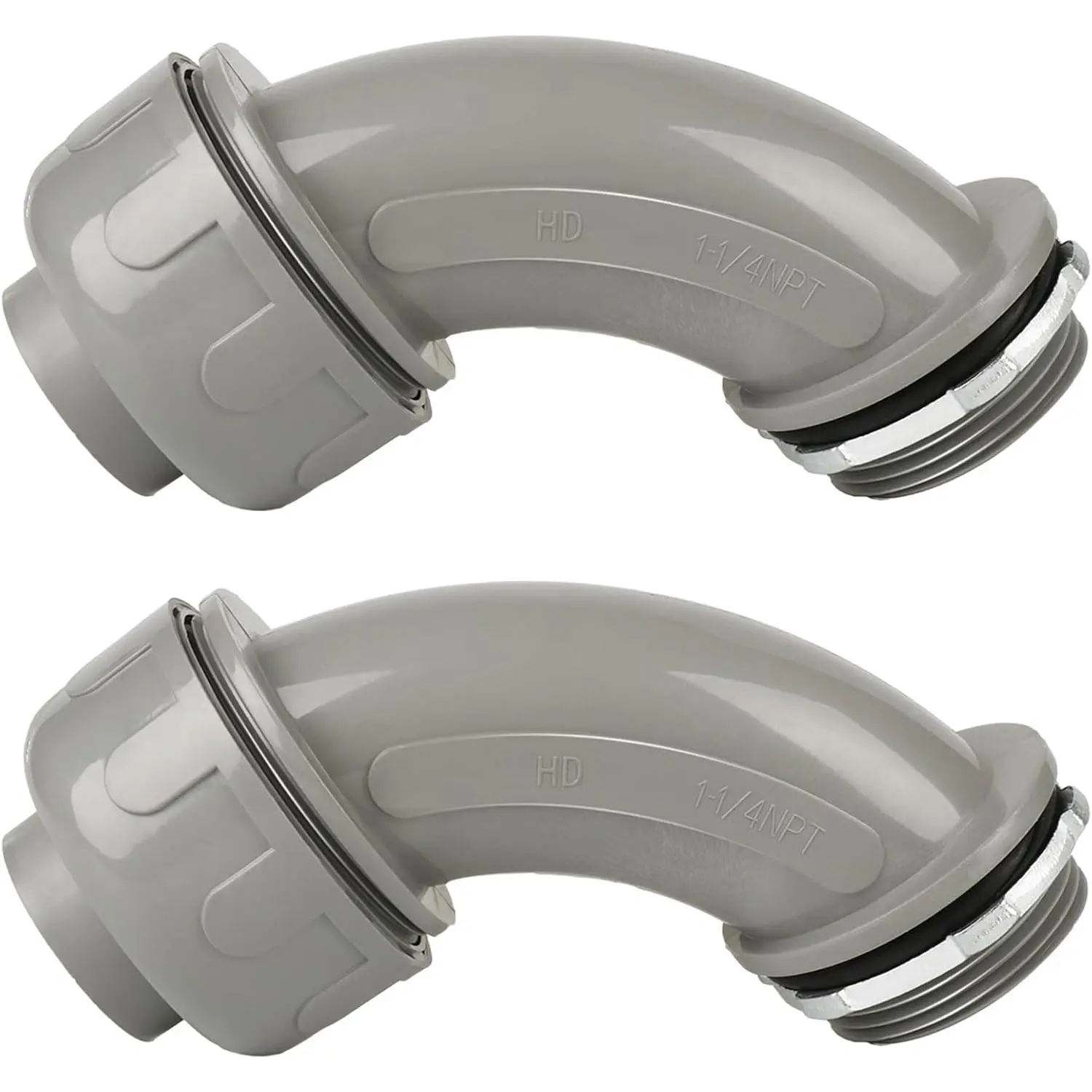 Conduit Connectors, 1-1/4 Inch Liquid Tight Connector NPT Non-Metallic for PVC Electrical Flexible Conduit Fittings, 90 , UL Listed for  Outdoor Tubes Tools, Grey (2-Pack)