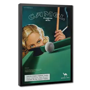 Retro camel-hair billiard girl canvas art, 90s nostalgic "Burning Pleasure" ad poster, deep green-toned pool table wall decor, perfect for bars, rooms, or living rooms