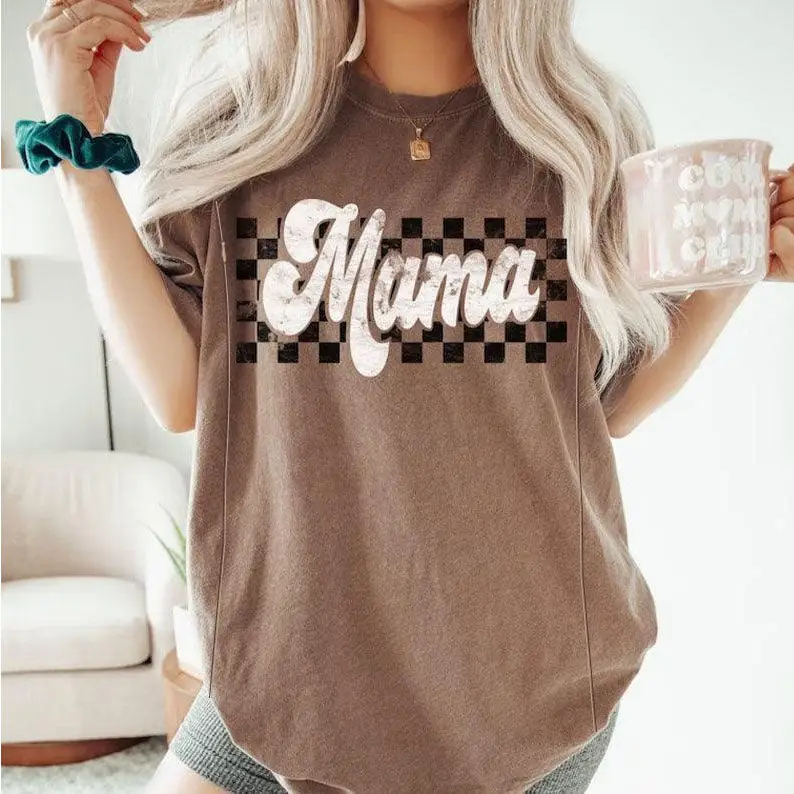 Mama Retro Checkered Nursing Tops - Brown Casual Top with Graphic Design, Short Sleeves, Ideal for Nursing and Daily Wear