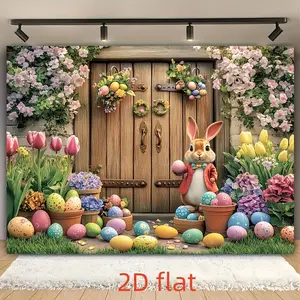 Spring Easter Bunny & Flowers Banner, Polyester Photography Backdrop Decoration, Garden Grassland Wooden Door Design, Multi-Purpose Party Decor