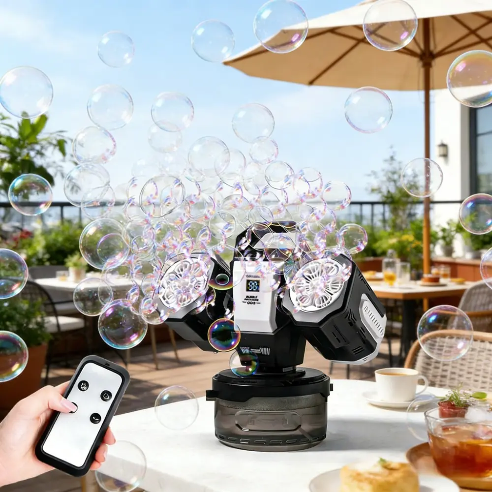 Automatic Dual Head Bubble Machine, High Bubble Output, Remote Charging, RGB Atmosphere Light, 360° Rotation, Includes 50ML Concentrate, Wedding Party Outdoor Use