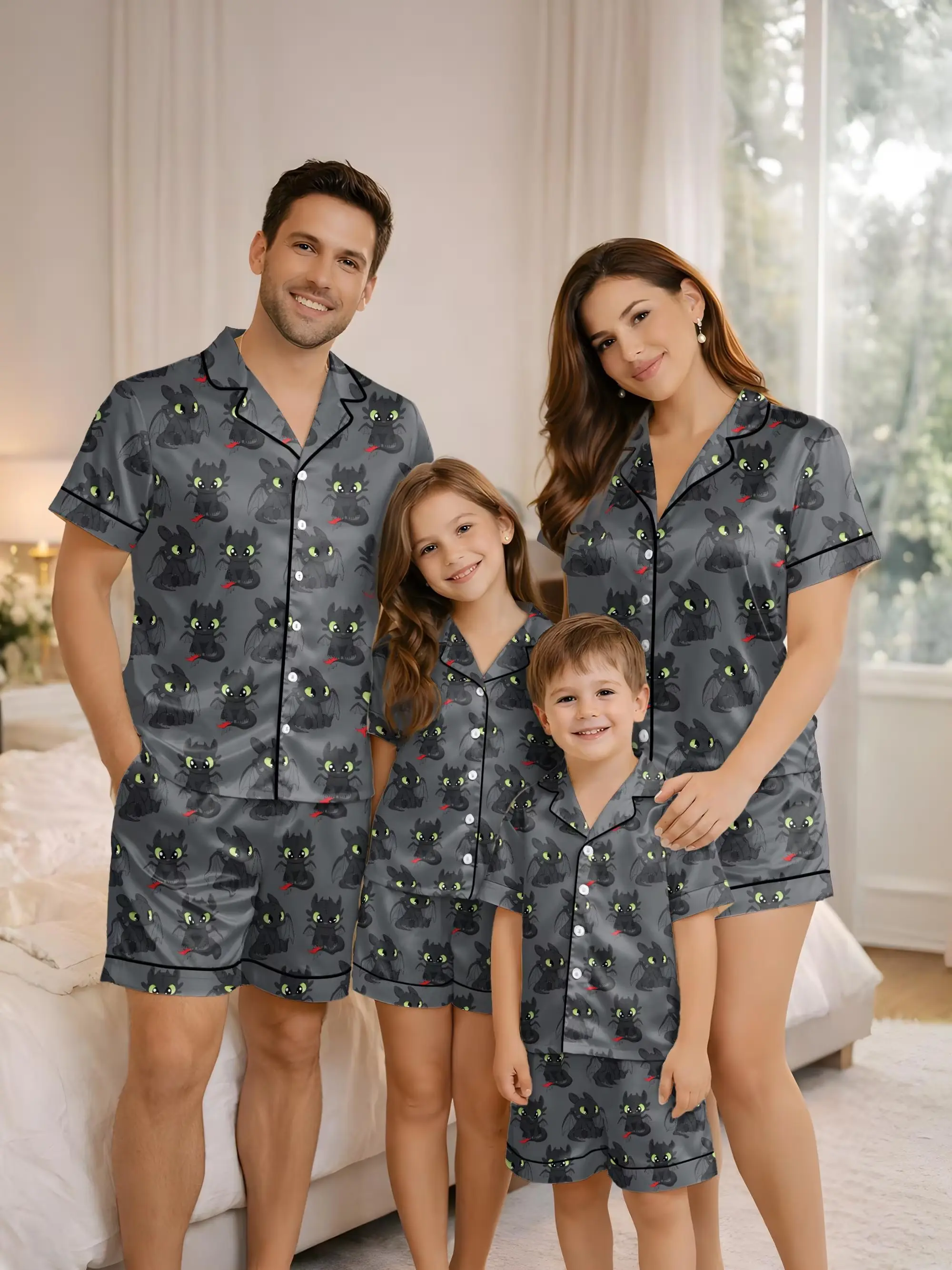 Toothless Dragon Pajama Set,  Matching Pajamas, Satin Pajama, Cartoon Gift, Gift for Her