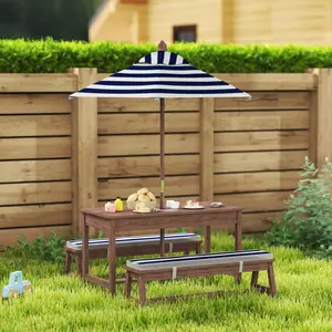 Outdoor Picnic Table Set - Includes Table, Removable Umbrella, 2 Benches with Cushions - Comfortable Space for Up to 4 Children Aged 3-6