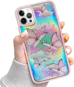 LCHULLE for iPhone 15 Pro Max Case Cute Butterfly Pattern Design for Women Girls Sparkle Iridescent Laser Bling Glitter Stars Soft TPU Silicone Shockproof Phone Case Cover for iPhone 15 Pro Max,Pink Accessories Durable Devices
