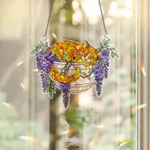 Orange Cat with Wisteria Flowers Suncatcher, Sleeping Orange Cat ACRYLIC Hanging Window Decor