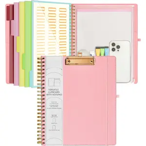Pink Foldable Spiral Clipboard Folio with Storage Zipper Pouch, 5 Plastic Folders with 10 Pockets,Refillable Lined Notepad (11" x 8.5"), Hardcover Project Organizer with 39 Stickers