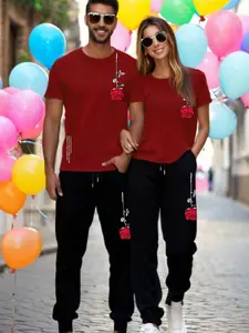 Two-Piece Set Rose Print Couple's Sports Tee & Pants Set, Casual Comfy Round Neck Short Sleeve T-Shirt & Trousers for Daily Outdoor Wear, Couple Clothes for All Seasons, Suits