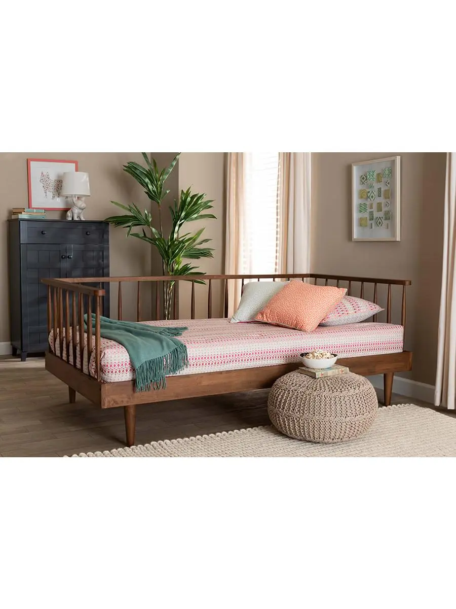 Baxton Studio Matilda Mid-Century Modern Geometric Wood Twin Daybed - Twin Size Bed, 1930-Inspired, Formaldehyde-Free, Spindles, Ash Walnut, 29.7" H x 77.8" W x 40.9" D, 55.1 Lbs, Comfortable Sturdy Frame, Single Option