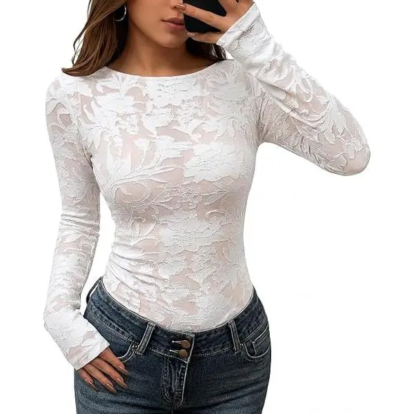 ZESICA Womens Lace Mesh Sheer See Through Long Sleeve Top | Fitted Crew Neck Y2K Going Out Tops, Cute Sexy Floral Tee Shirts, 2026 Fall Club Party Concert Date Night Vacation Outfits