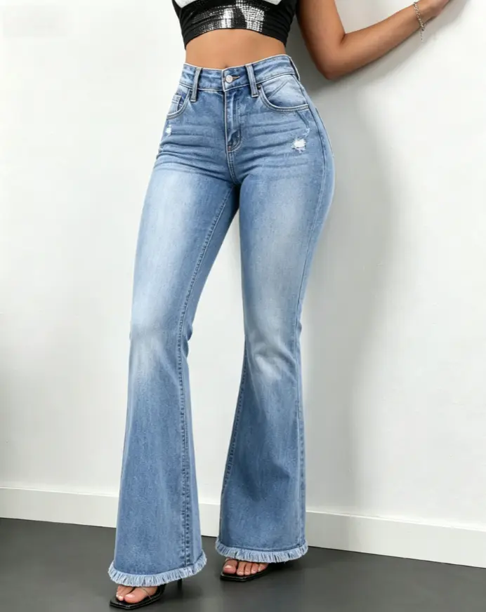 Women's High Rise Stretch Light Blue Denim Bootcut Jeans - Vintage, Frayed Edge, Small Destroyed Holes, Retro Cowgirl Bottoms for Everyday Comfortable Style