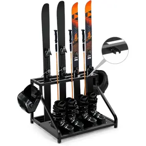Freestanding Ski Storage Rack – Inclined Design, No Tipping Over, for 4 Pairs Ski, 2 Pairs Ski Boots, 2 Helmets, 3 Separate Pole Fixed Buckles, for Garage, Shed, Basement, 180LB.