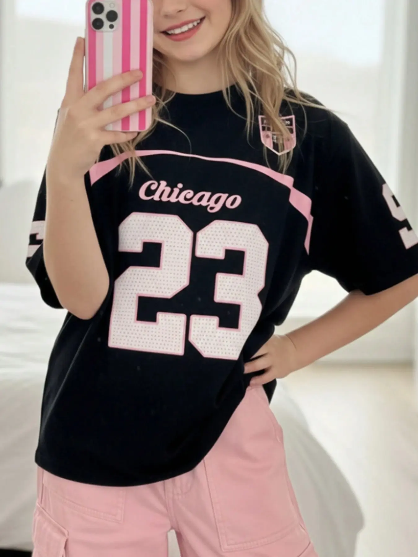 Girls' Casual Loose Fit Short Sleeve Round Neck Tee, All-Season Campus Streetwear Fashion, Letter & Number Pattern Design, Graphic Print Tee, Graphic Printed Tees