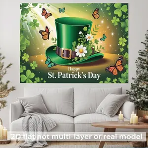 1PC,2D Flat Backdrop St. Patrick's Day Decoration Backdrop, Lucky Clover Green Hat & Butterflies Themed Party Decor Hanging Cloth, Festive Photo Background Wall Banner, Irish Culture Celebration D