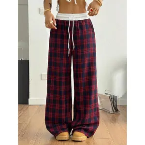 Women'S Plaid Wide Leg Pants, Casual Loose Fit Sweatpants, Fashion Streetwear, Hip Hop Dance, School Girl Style, Youth Holiday Wear