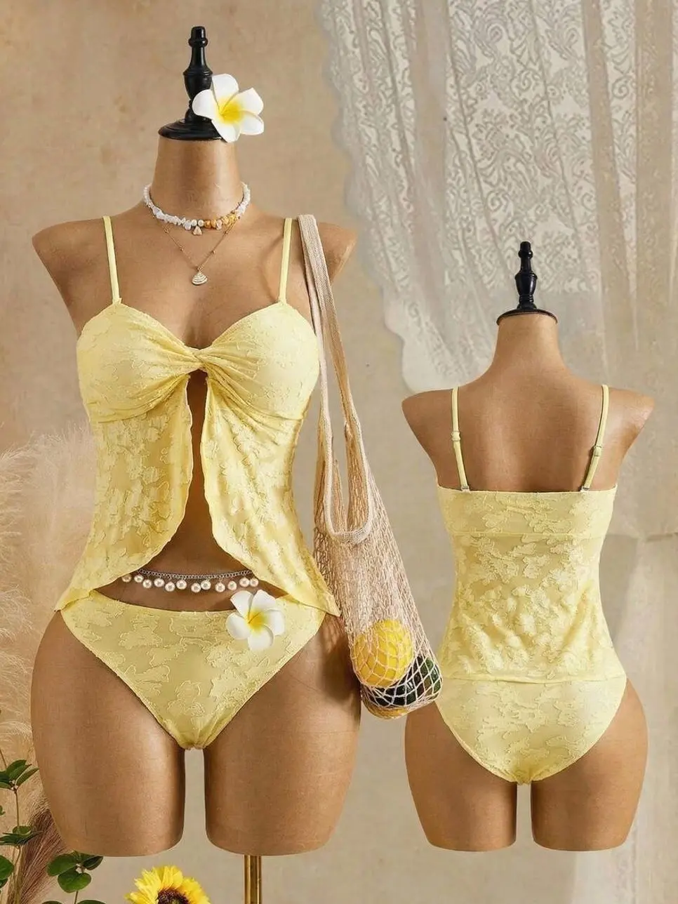 Bellisia Women's 3D Floral Jacquard Tankini Swimsuit | Pastel Yellow Twist Front Flyaway Top | Sexy Split Hem Belly Control 2-Piece Bathing Suit