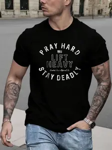 Men's T-Shirt Pray Hard Lift Heavy Stay Deadly, Motivational Gym Training Tee, Comfortable Casual Wear, Long Loose-Fitting Top